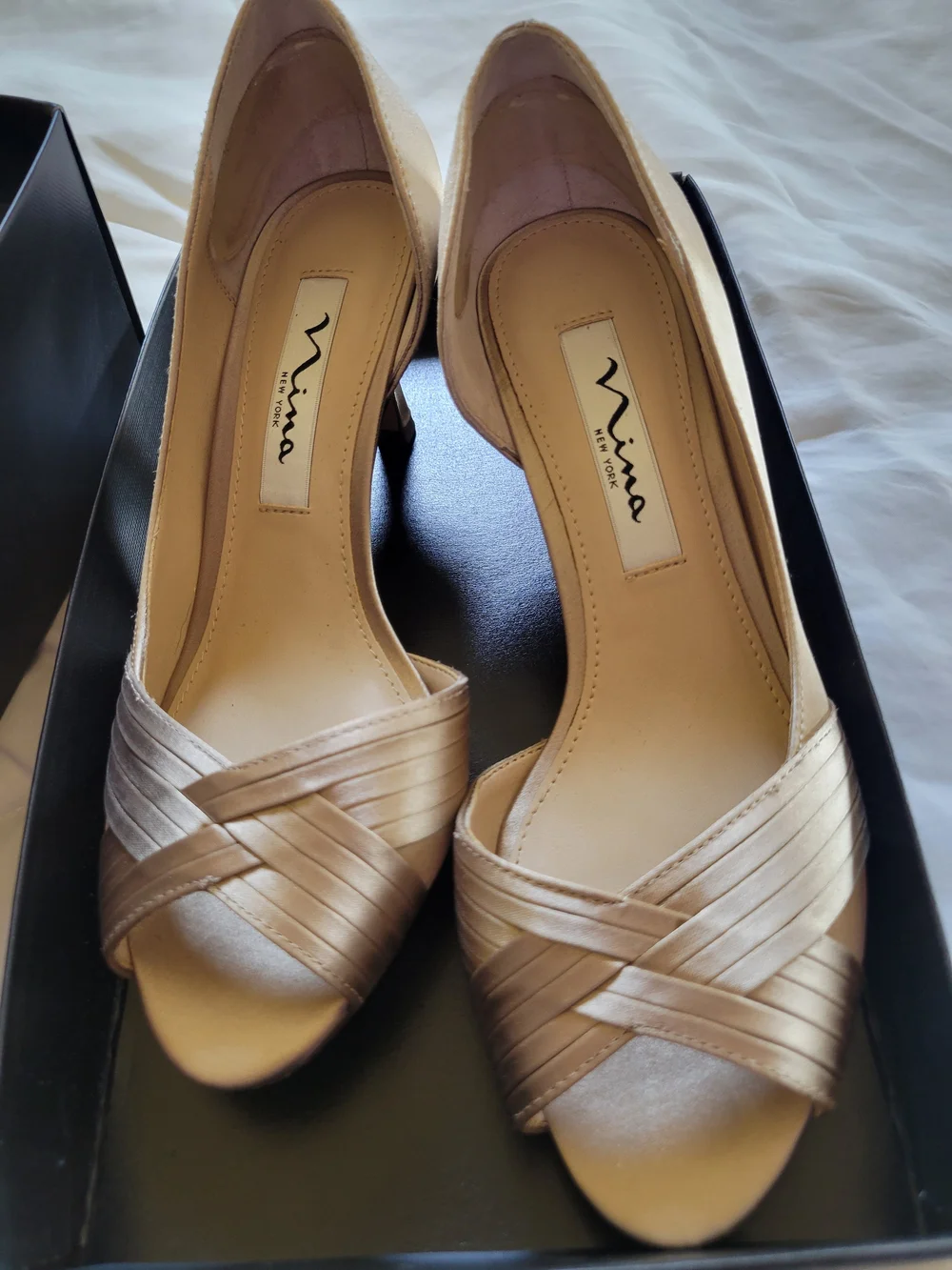 NINA New York Contesa Satin Open-Toe Heel in Champagne
